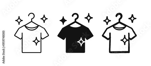 Clean T-Shirt on Hanger Icon Set. Fresh Laundry and Dry Cleaning Symbols with Sparkles.