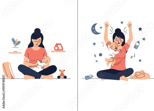 Calm versus stressed mother with baby flat vector illustration comparison of peaceful parenting and exhausted sleepless childcare night concept