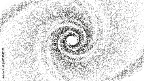 A dotted grainy gradient spiral flow. Vector gritty vortex with optical illusion. Tunnel with black stipple texture effect. Swirl of gritty pattern made by black dots or particles with stipple effect.