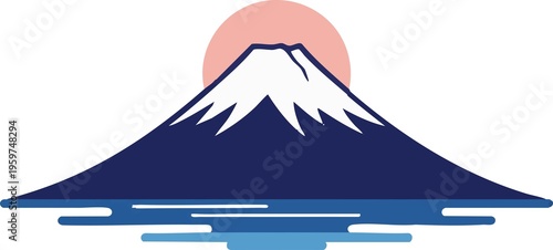Minimalist illustration of Mount Fuji with a snow-capped peak and a pink rising sun, isolated on a white background with blue water lines.