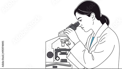 Woman in lab coat looking through a microscope closely examining samples