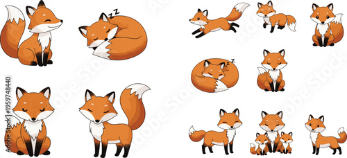 Set of cute fox illustrations in different poses and actions, cartoon wild animal character collection with sleeping, sitting and running foxes isolated on white