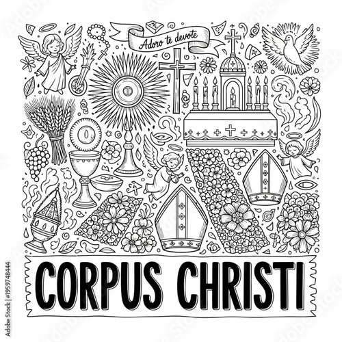 Corpus Christi Celebration of the Eucharist and Religious Symbols - A Vector Illustration