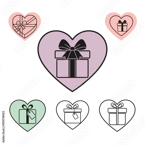 Heart-shaped gift box icons in line art. Perfect for symbolizing love, romance, and celebration. Ideal for digital designs, holidays, anniversaries, and thoughtful expressions