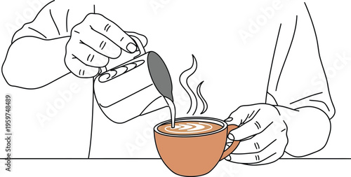 Person pouring steamed milk into a cup of coffee with latte art design