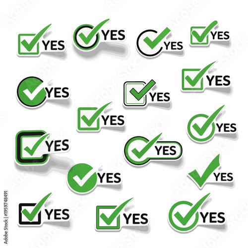 Collection of green checkmark icons signifying agreement, confirmation, and positive affirmation in various stylized designs