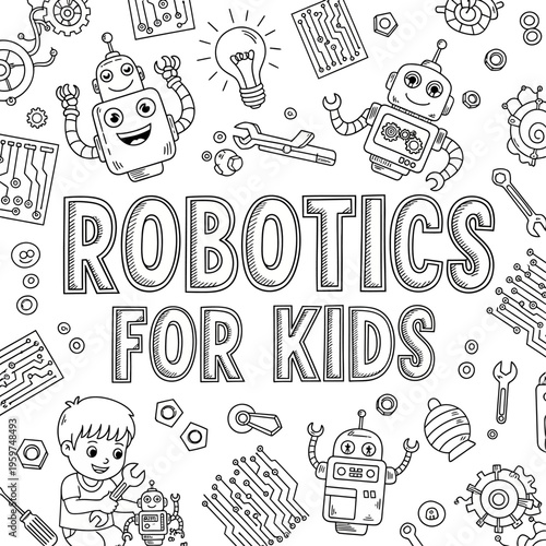 Engaging Robotics Learning Activity for Children Fun Coloring Page Featuring Playful Robots, Gears, and Circuitry Designs for Young Minds