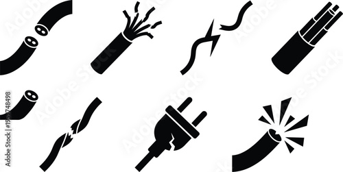 Set of broken cable and electrical wire icons including cut damaged cord plug short circuit sparks isolated black vector illustration