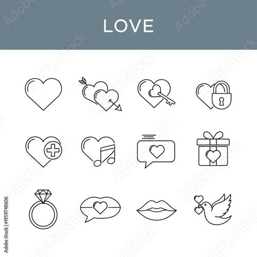 A versatile collection of elegant line icons, thoughtfully designed to represent various concepts of love, romance, and relationships, ideal for diverse creative projects