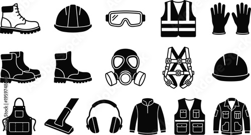 Comprehensive vector icon set featuring black silhouette symbols for industrial protective equipment safety gear and occupational health.