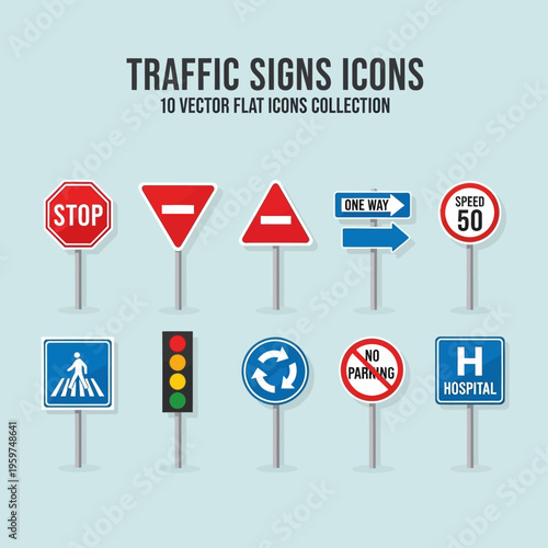 Comprehensive collection of modern flat design traffic signs and road safety icons, providing essential visual guidance for urban navigation and driver regulations