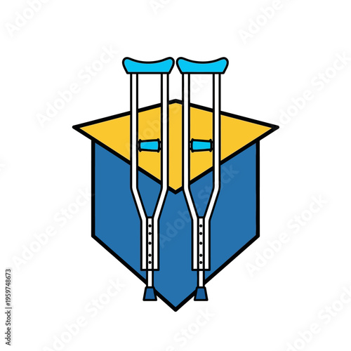 Vector illustration of medical crutches and a shield, symbolizing the concept of support for injury recovery and rehabilitation, offering aid to overcome mobility challenges