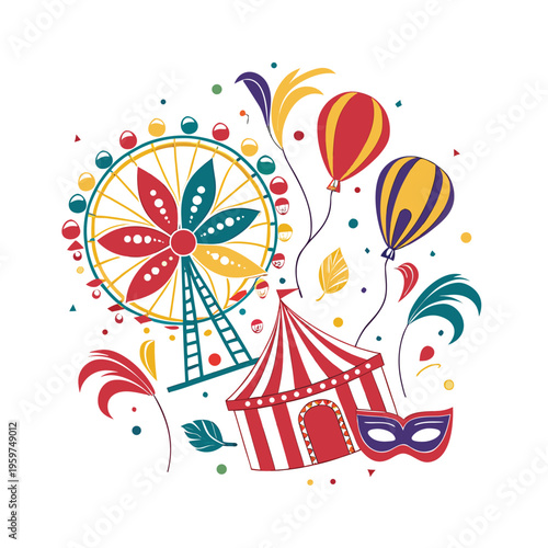 Carnival, festival, fairground icons, colorful vector illustrations, funfair elements
