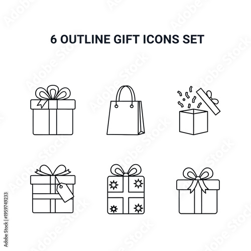 A versatile collection of outline vector icons representing various gift boxes, shopping bags, and festive packages, perfect for holiday celebrations, special occasions, and retail promotions