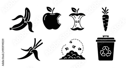 Organic Waste and Composting Solid Icon Set