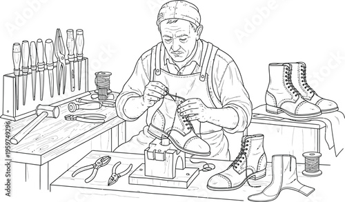 Experienced shoemaker working on handmade leather shoes in his workshop