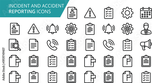 Comprehensive vector icon set featuring line symbols for incident reporting accident investigation and occupational health management.