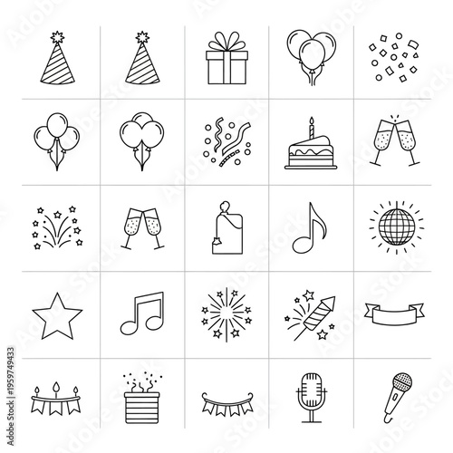 A delightful collection of celebratory icons, perfect for adding a festive touch to invitations, party decorations, or digital designs, featuring a variety of party elements