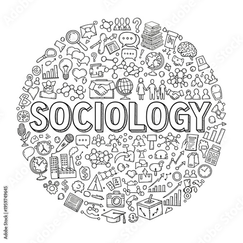 Sociology conceptual illustration, depicting human society, cultural studies, communication, and social interactions through a mosaic of doodle icons