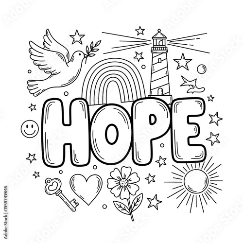 Inspiring collection of hope-themed symbols and positive elements, designed as an intricate black and white outline illustration for mindful coloring and creative expression