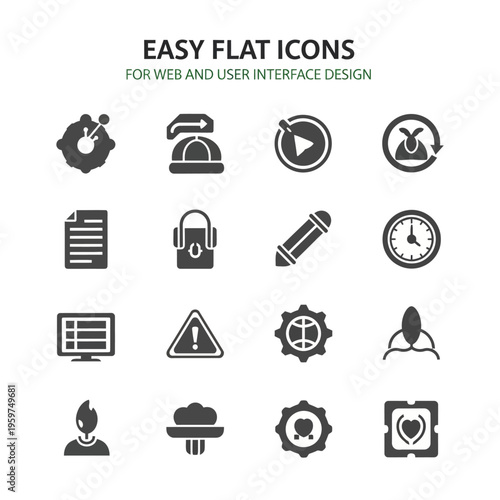 Collection of various flat icons for web and user interface design, including tools, technology, and symbols