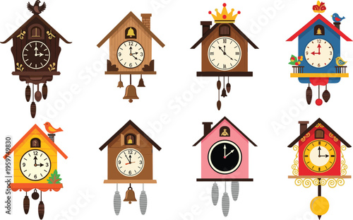 Cuckoo clock cartoon set vector illustration featuring vintage wall clocks with pendulum birds and decorative houses collection isolated on white background design elements