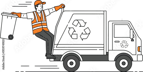 Recycling worker putting trash into a green recycling truck on the road