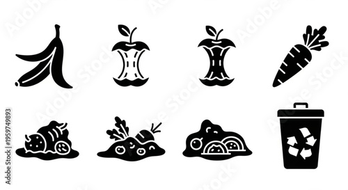 Organic Waste and Composting Solid Icon Set