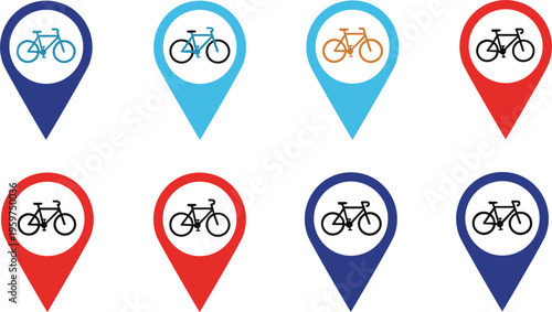 Bicycle Location Pin Icon Set with Bike Symbols in Colorful Flat Design for Cycling Maps, Navigation Apps, Travel Routes, and Urban Mobility Concepts