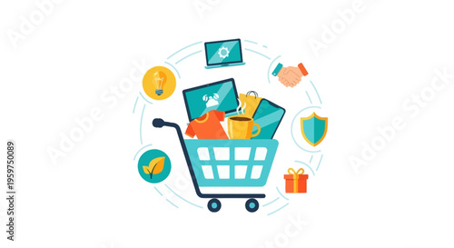 Integrated E-commerce Shopping Experience with Diverse Products, Digital Services, Security & Customer Care - Online Retail System Illustration