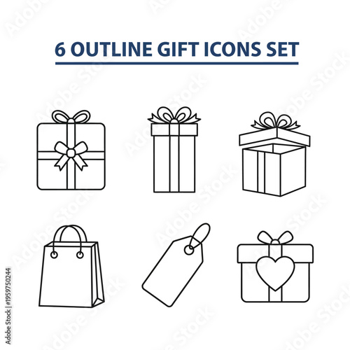 Collection of elegant linear icons representing various gift boxes and shopping essentials for celebrations and joyous occasions, perfect for web and print designs
