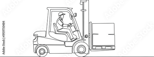Man driving forklift with a large box on the lift equipment