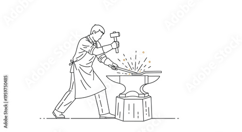 Blacksmith working at an anvil with a hammer in his hand skillfully