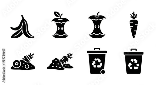 Organic Waste and Composting Solid Icon Set