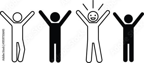 Four stick figures celebrating with arms raised in joy and excitement together