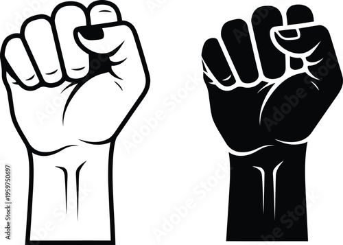 Raised fists symbolizing unity and solidarity in black and white
