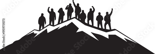 Mountain climbers, hikers, teamwork, success, achievement, silhouette, vector icons