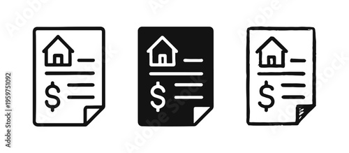Real estate document with house and dollar sign icon set. Property cost, mortgage or rent symbol.