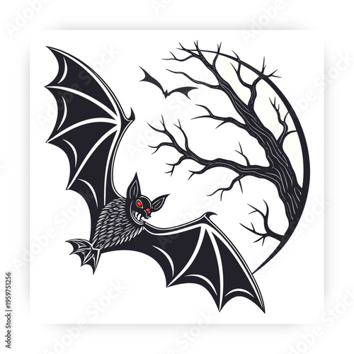Flying Bat Silhouette Vector, Halloween Bat Clipart, Dark Gothic Animal Icon Isolated on White Background.