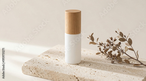 Blank cosmetic bottle mockup on travertine stone with dried leaves.