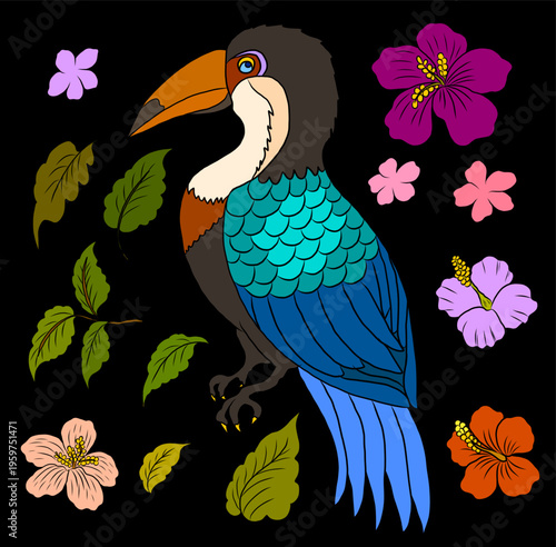 A vibrant and playful illustration of a toucan bird surrounded by tropical flowers and lush green leaves. The artwork features a stylized toucan with a large, eye catching beak and beautifully layered