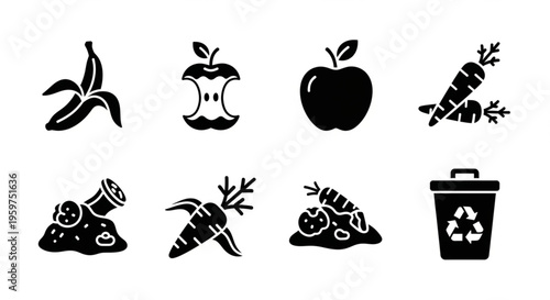 Organic Waste and Composting Solid Icon Set