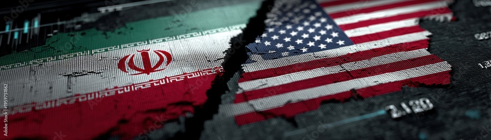 Fototapeta premium Torn flags of Iran and the USA symbolize political tension and conflict between the two nations, Medicines shortage during US and Iran war