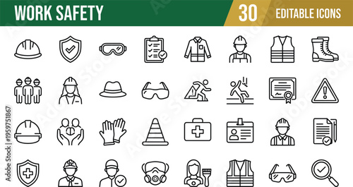 Comprehensive work safety vector icon set featuring editable line symbols for protective gear occupational health and construction security.