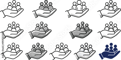 Set of community care and support icons showing people in helping hands concept for charity social service and teamwork vector