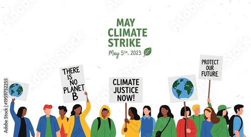 A diverse group of people participating in a climate strike, holding signs that advocate for environmental protection and justice.