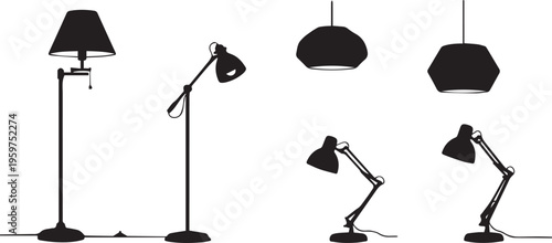Vector lamp icons, modern lighting fixtures, desk lamps, floor lamps, black silhouette illustrations