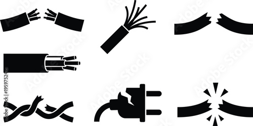 Set of damaged cable and broken wire icons including cut cords plug faults and short circuit sparks isolated black vector