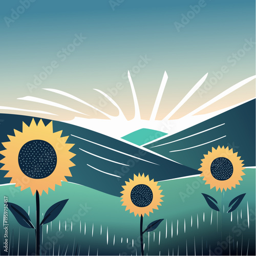Minimalist Vector Illustration of Sunflowers in a Meadow at Sunrise with Rolling Hills