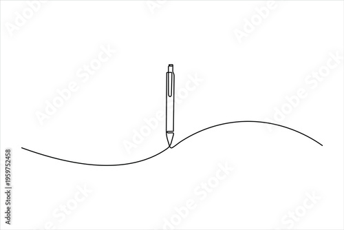 Minimalist continuous one-line drawing of a ballpoint pen creating a wavy stroke. Clean black line art on a white background for modern design.